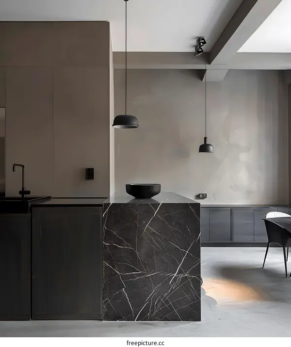 Modern Minimalist Kitchen Interior Design with Black Marble Island