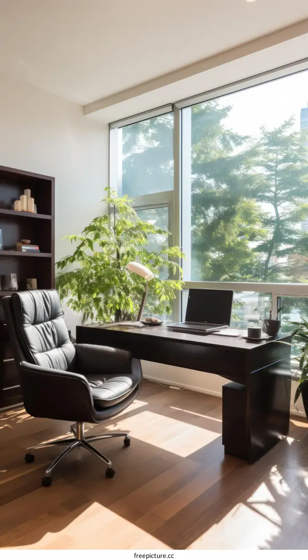 Modern home office with large windows and a view of the city