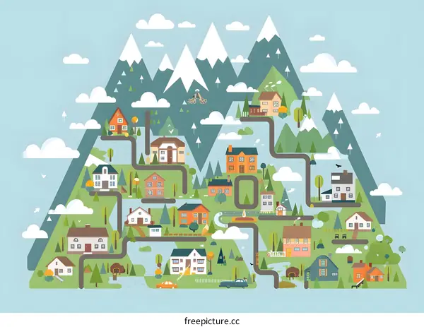 Mountain Village Illustration With Small Houses And Cars
