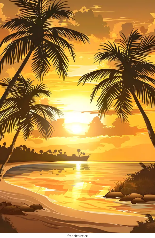 Sunset on Tropical Beach with Palm Trees