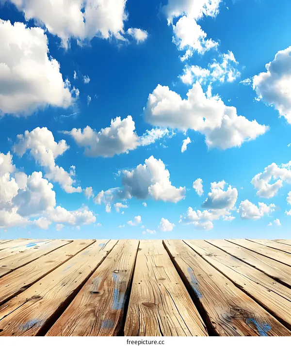 Blue Sky with White Clouds and Wooden Plank
