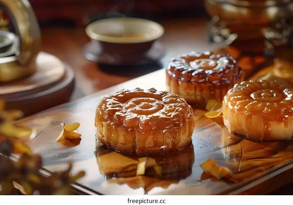 Closeup of Three Delicious Apple Cakes on Wooden Board