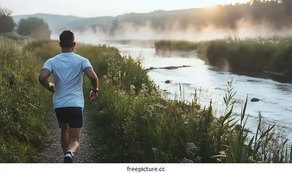 Man Running Along River Path in the Morning Mist