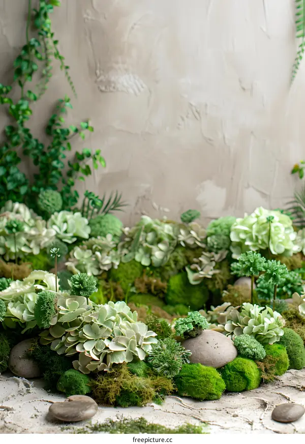 Green Moss and Stone Arrangement with a Beige Wall Background