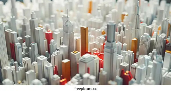 A 3D rendering of a city with tall buildings.