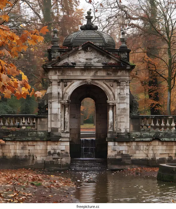 Stone Archway with Waterfall in Autumnal Park