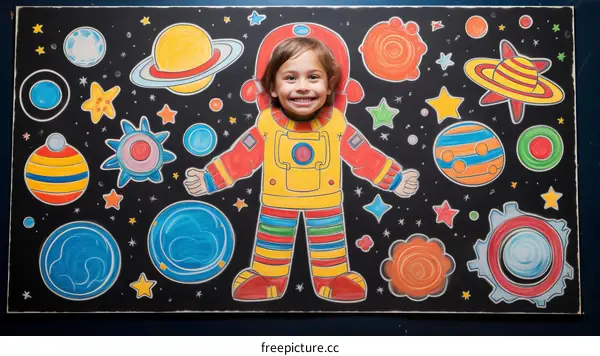 A young girl stands in front of a painted astronaut cutout with a space background