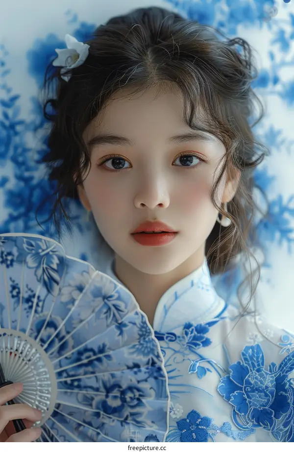 Young Asian Woman in a Blue and White Floral Dress