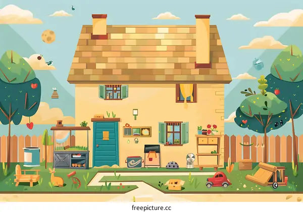 Cute House in The Green Garden with Blue Door