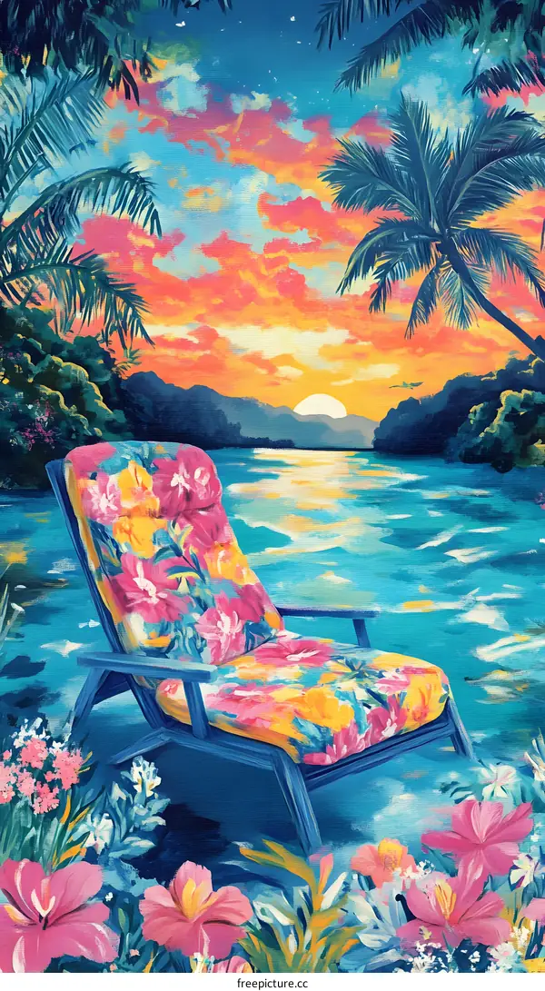 Tropical Sunset Illustration With A Floral Chair