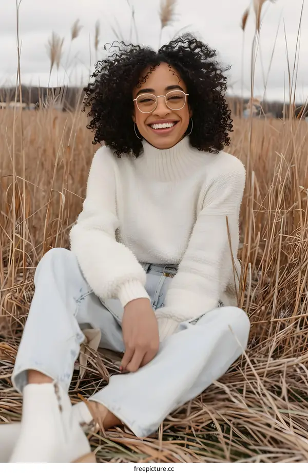 Smiling Woman Wearing White Sweater and Jeans Sitting in a Field