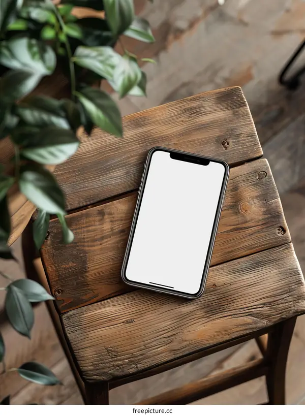 Black mobile phone on a wooden chair with a plant in the background