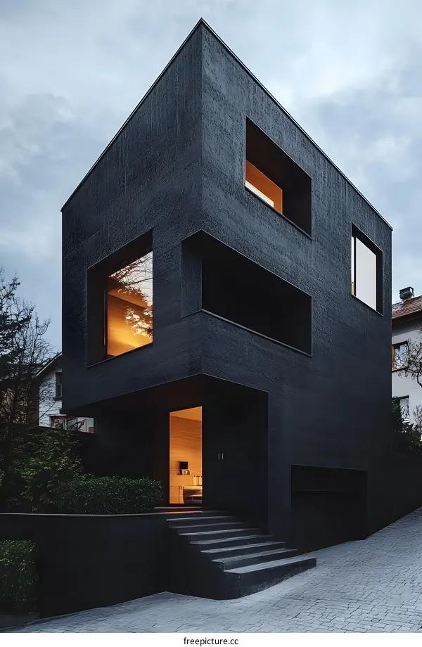 Modern Black House with Geometric Design and Large Windows