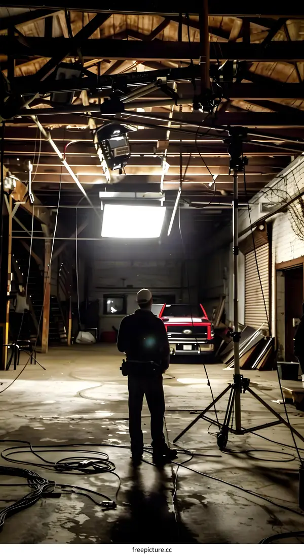 Man Standing in Dark Warehouse with Lighting Equipment