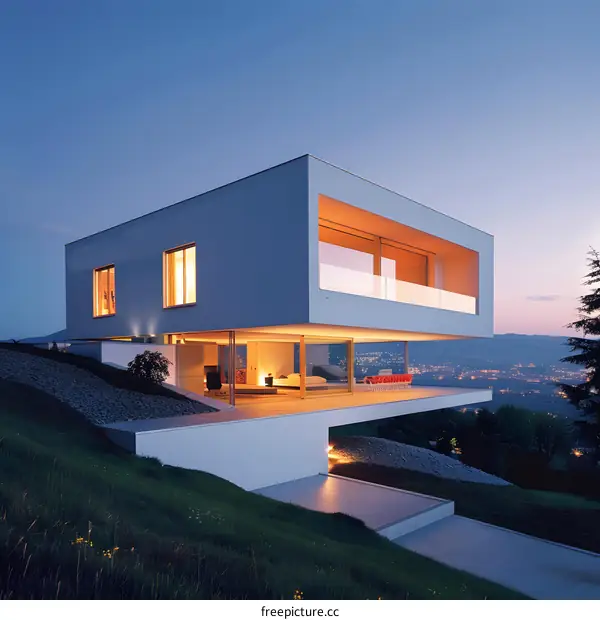 Modern Minimalist House on a Hilltop at Twilight
