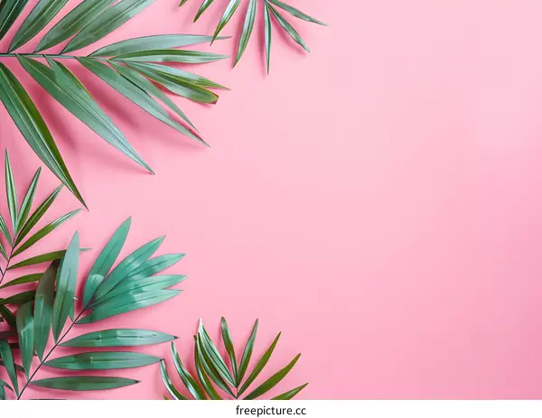 Green Tropical Leaves on Pink Background