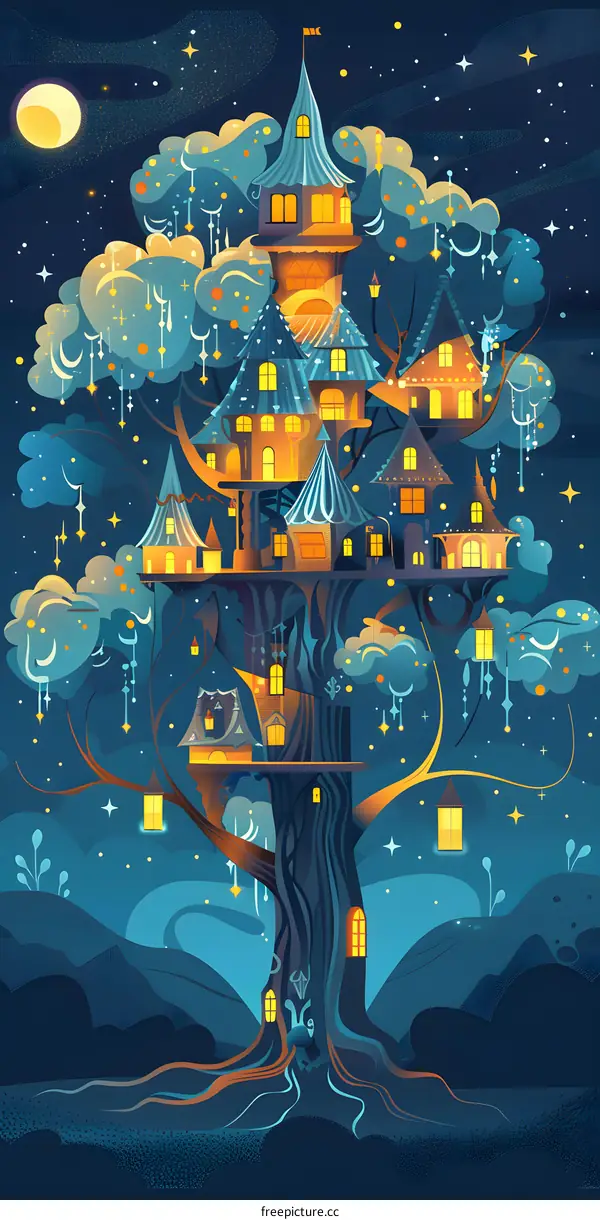 Fantasy Treehouse With Stars And Moon