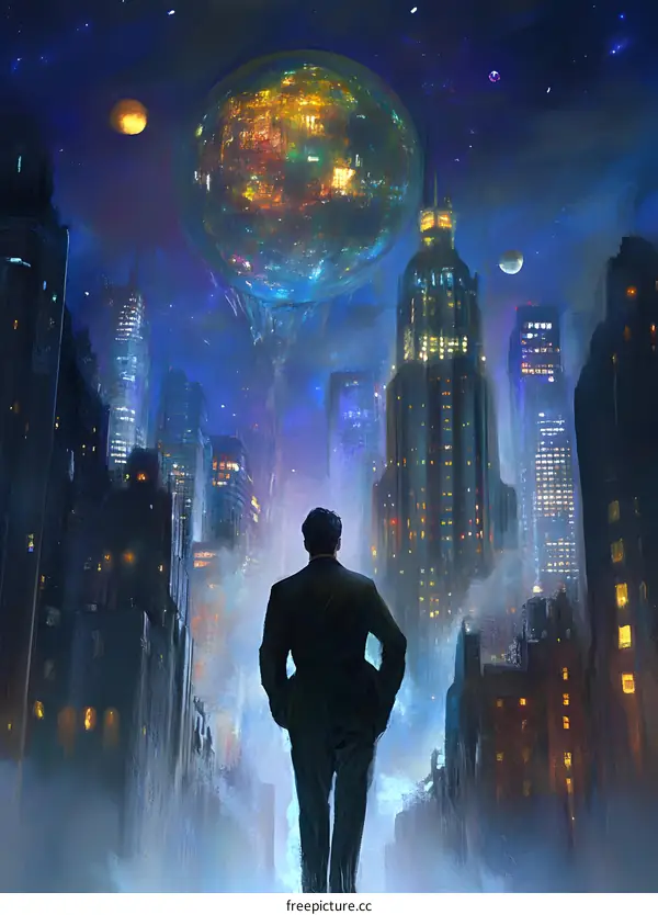 Futuristic Cityscape with a Man Walking Towards a Giant Sphere