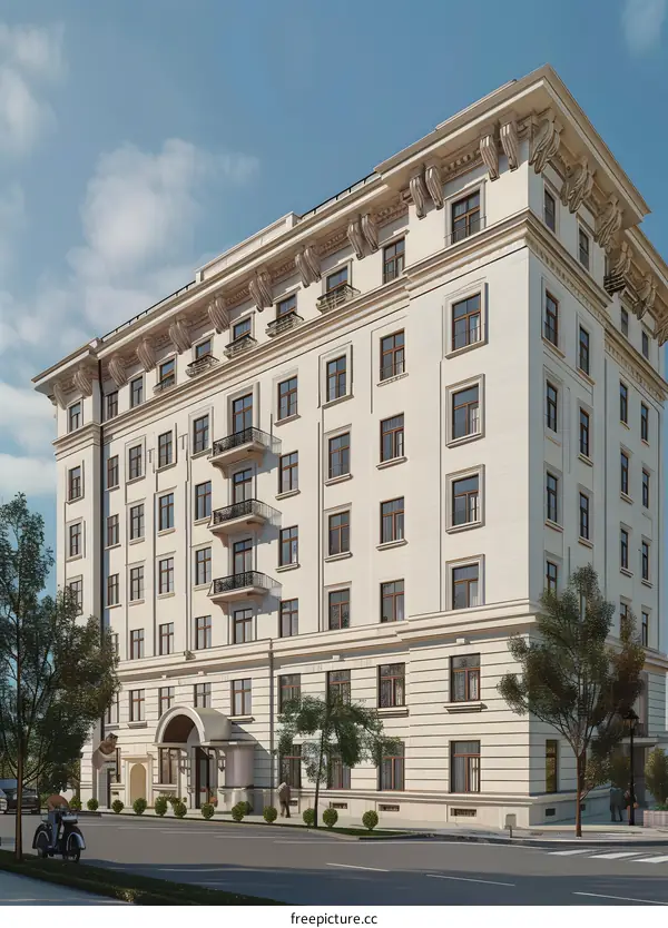 White Building with Arched Entrance and Balconies