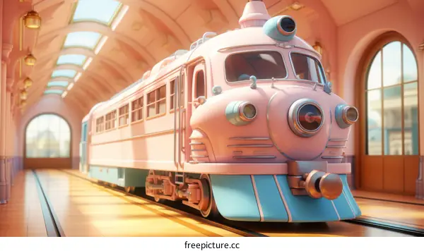 A pink and blue retro train sits in a station