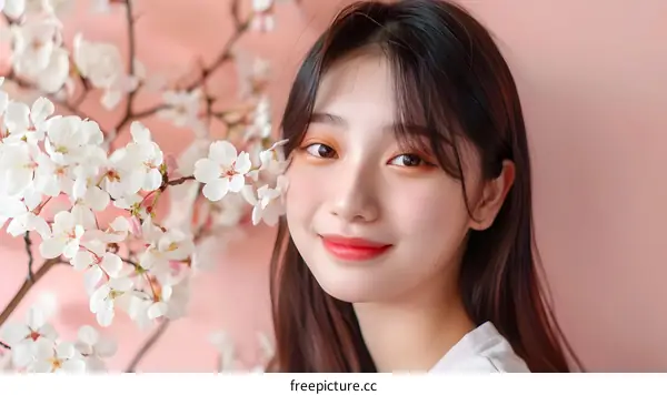 Asian Woman Smiling with Cherry Blossoms in Spring