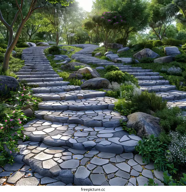 A Peaceful Stone Pathway in a Lush Garden