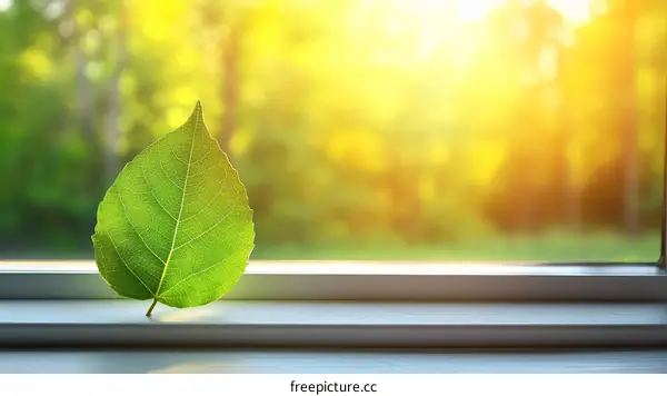 Close-up of a Fresh Green Leaf on a Windowsill