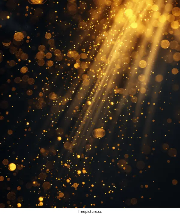 Golden Glitter with Shimmering Light Rays and Particles on a Dark Background