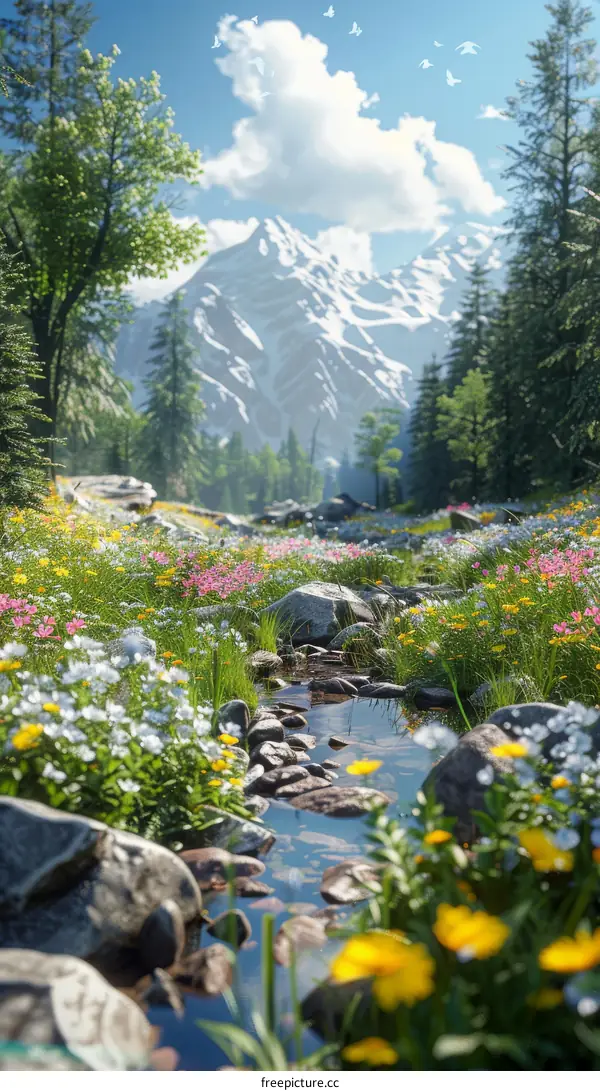 Mountain Stream With Wildflowers