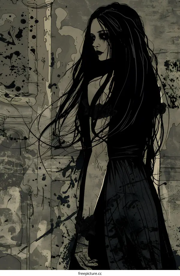 Dark Gothic Woman With Long Black Hair Illustration
