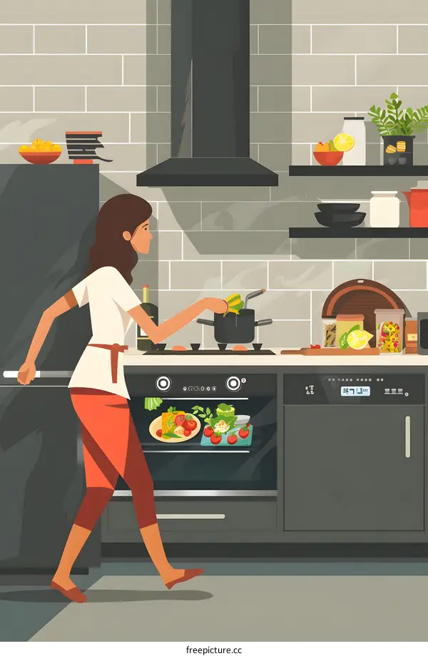 Woman Cooking in Modern Kitchen with Oven and Stove