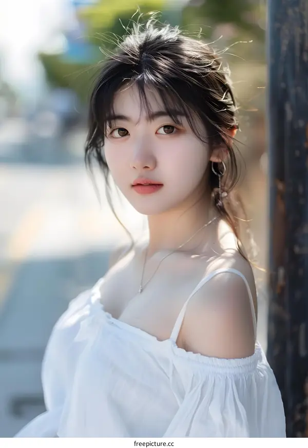 Portrait of a Young Asian Woman in a White Dress