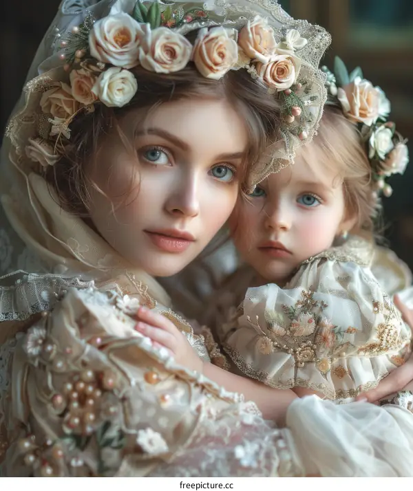 Vintage Floral Portrait of Mother and Daughter