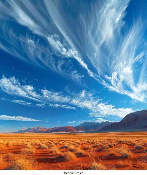 Vast Desert Landscape Under a Blue Sky with Wispy Clouds