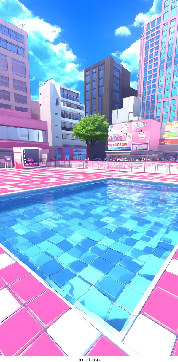 Cartoon Illustration of a Pool in the City