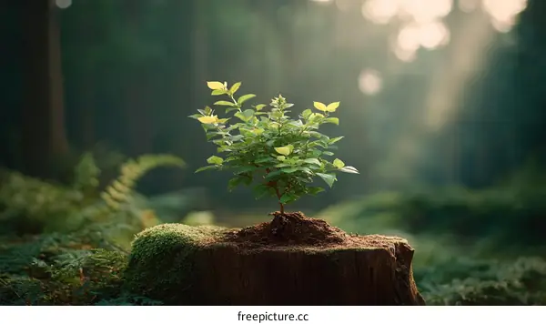 Small Plant Growing in Forest Stump