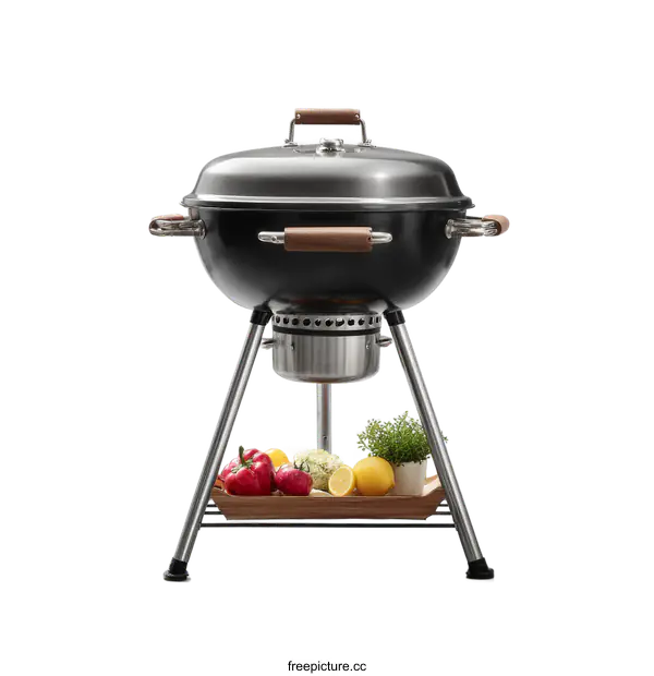 [Transparent Background PNG]Modern Outdoor Round Charcoal Grill with Wooden Tray
