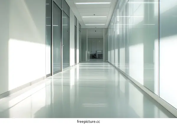 Modern White Hallway with Glass Walls and Doors