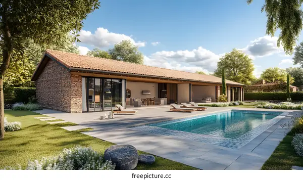 Modern Brick House with Pool and Landscaping