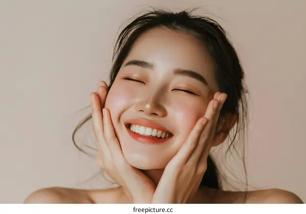 Smiling Asian Woman with Closed Eyes and Hands on Cheeks