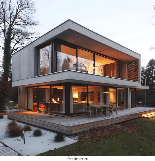 Modern Concrete House with Large Windows and Wooden Deck