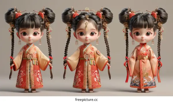 Three Chinese Girls in Beautiful Hanfu Dresses