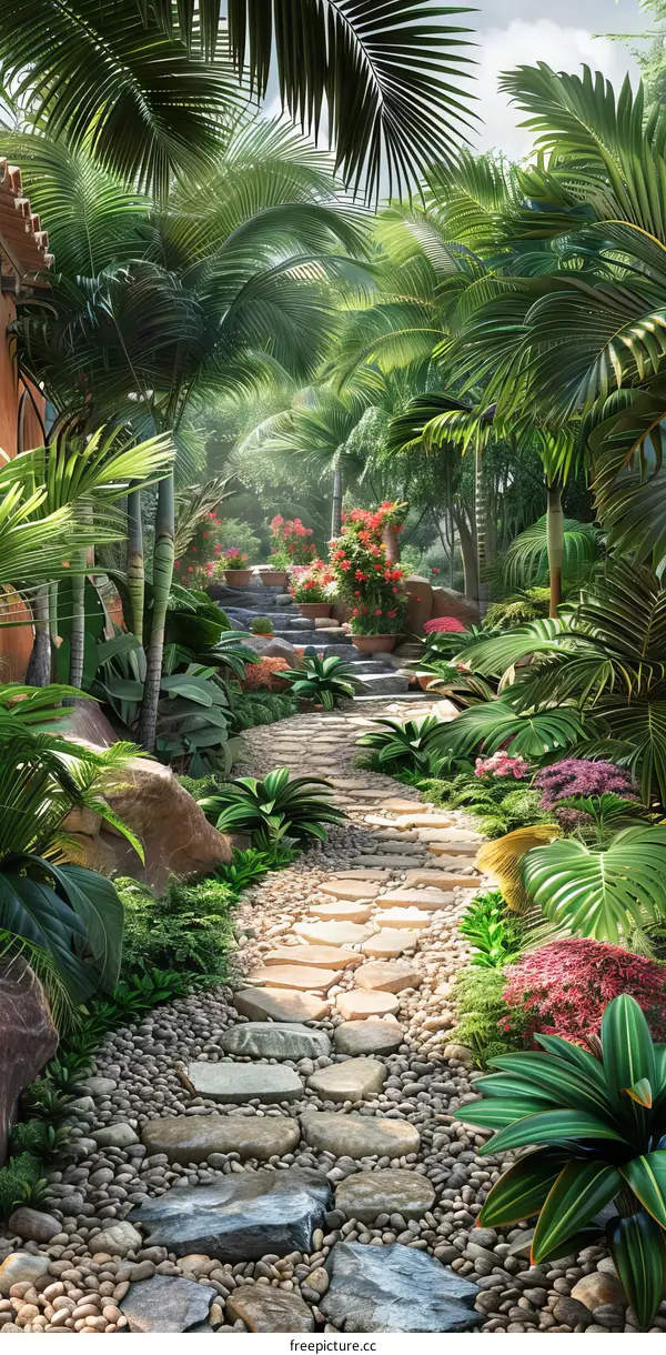 Stone path in a serene tropical garden