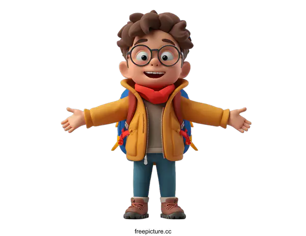[Transparent Background PNG]3d illustration of a happy looking boy wearing a yellow jacket and blue jeans