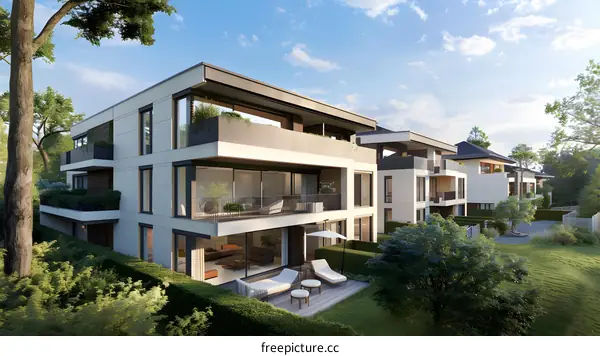 Modern Architecture with White Walls and Green Landscaping