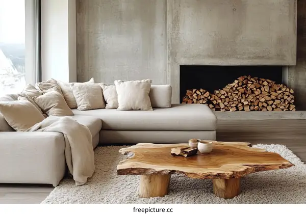 Modern Beige Living Room with Fireplace and Wooden Coffee Table