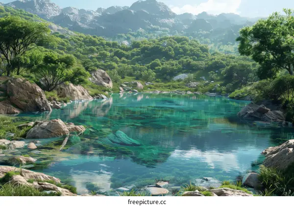 Tranquil Mountain Lake in a Valley with Rocks and Trees on Shore