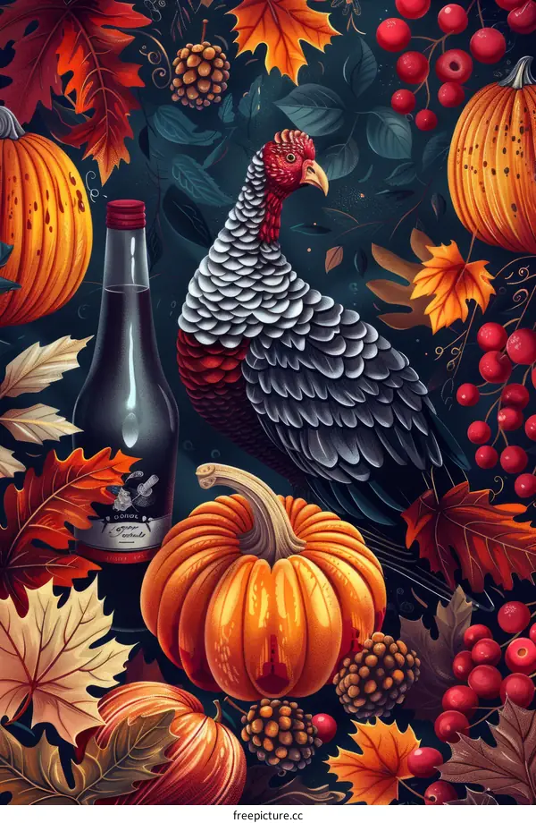 Thanksgiving Turkey Illustration with Pumpkins and Fall Leaves