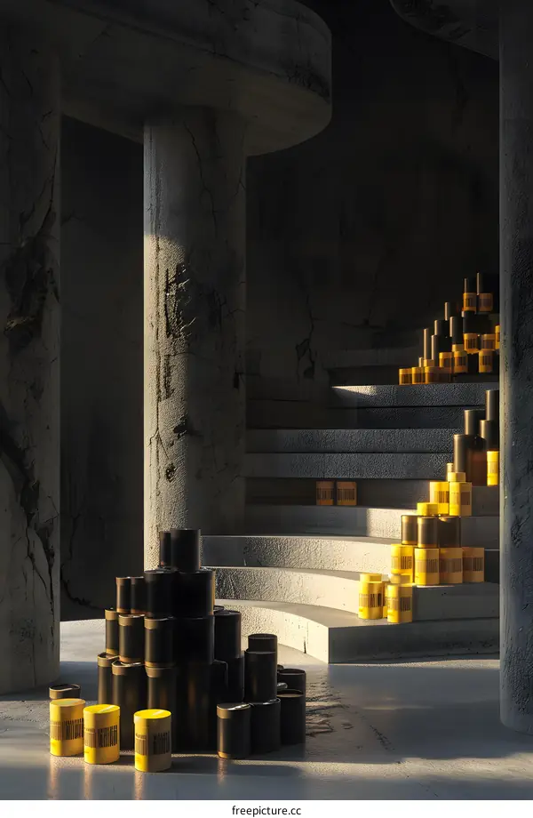 Abstract Minimalist Interior Design with Yellow and Black Cylinders