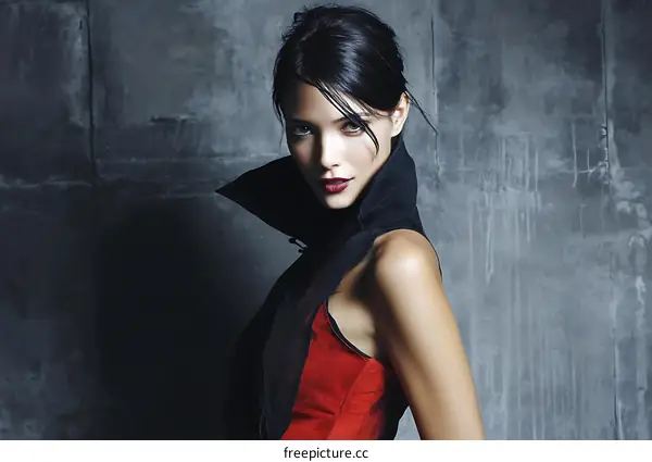 Fashion Model in Red and Black Outfit Against a Grey Wall